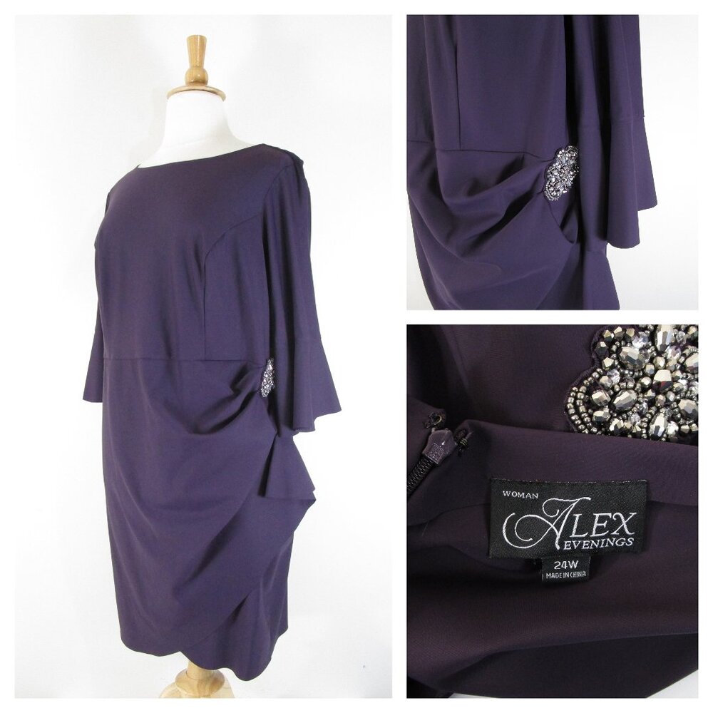 Alex Evenings Womens Plus Size Dark Purple Formal Ruched Sheath Dress Size 24W